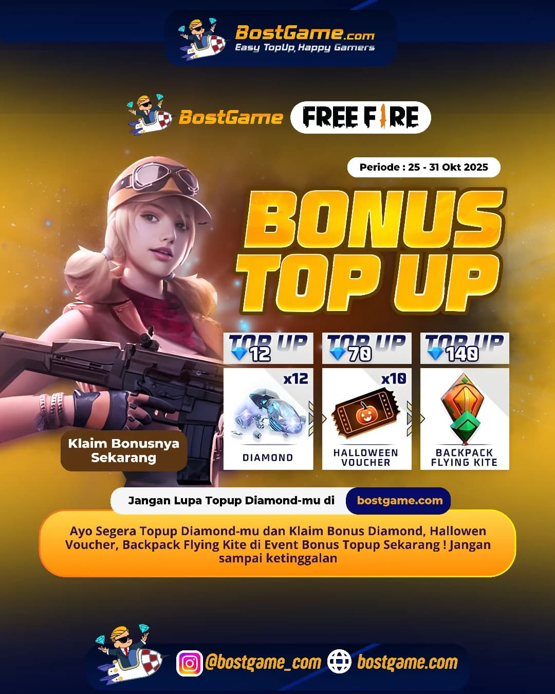 Free Fire : BONUS TOPUP IS BACK, SOBAT FF! Periode : 25 - 31 Okt 2025