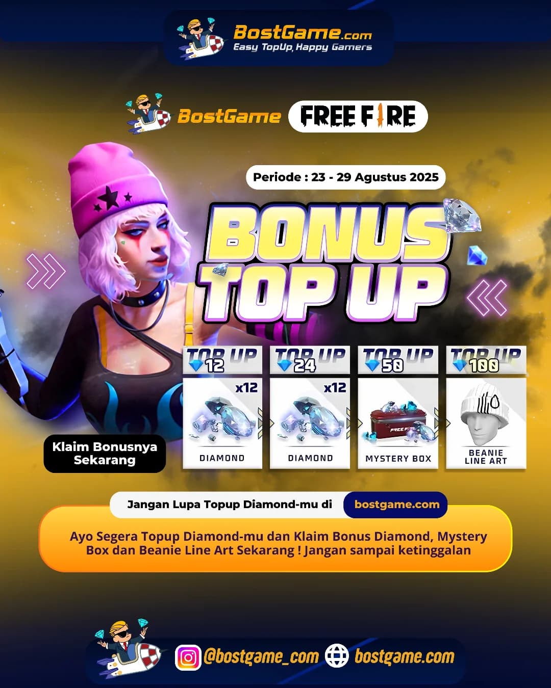 Free Fire : BONUS TOPUP IS BACK SOBAT FF! "Periode : 23 - 29 Agustus 2025"