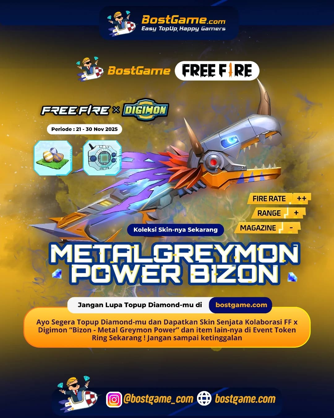 Free Fire : Skin Senjata FF x Digimon “Bizon – Metal Greymon Power” resmi hadir!