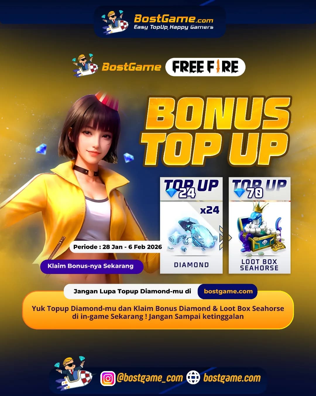 Free Fire : BONUS TOPUP IS BACK, SOBAT FF! Periode sampai 6 Februari 2026