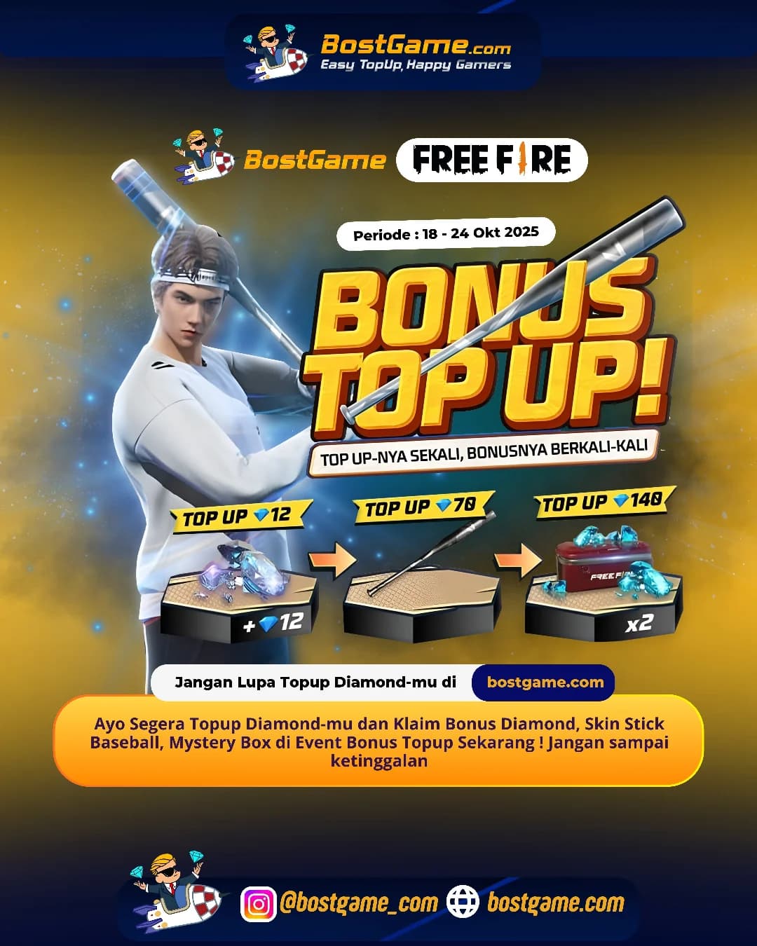 Free Fire : BONUS TOPUP IS BACK, SOBAT FF! Periode : 18 - 24 Okt 2025
